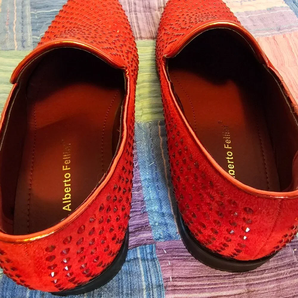 Alberto Fillini Red Velvet and Rhinestone Slip on Loafers, Size 8.5 Men’s - Picture 7 of 7